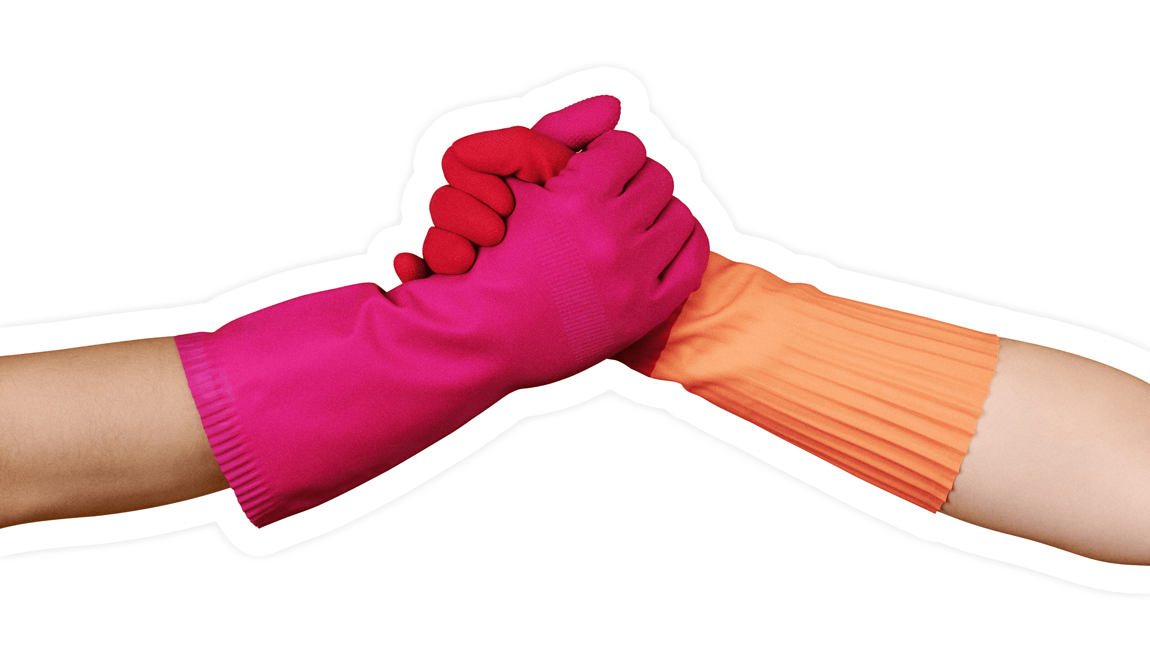 A handshake between two hands wearing cleaning gloves